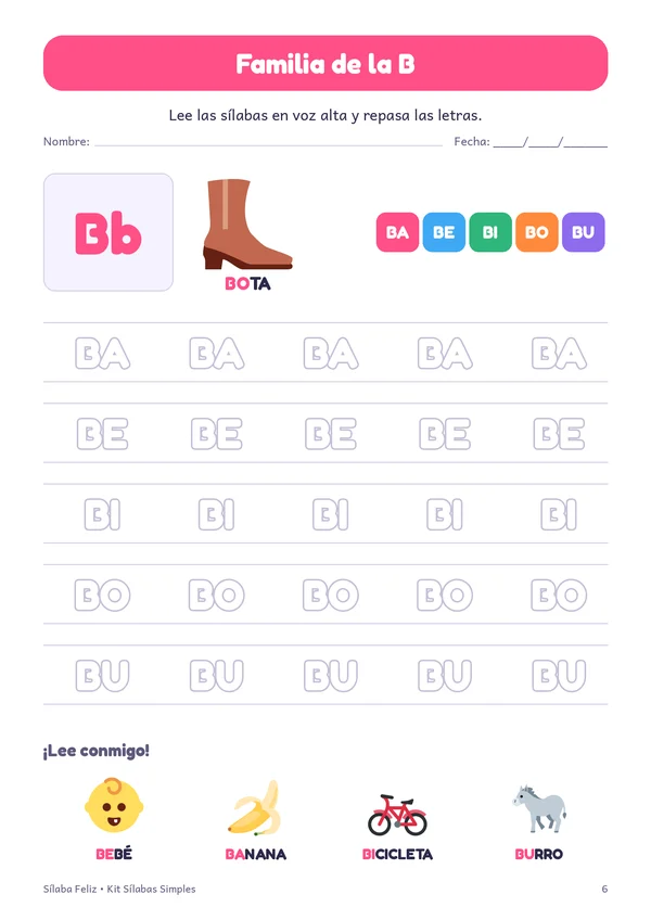 Página de la familia silábica de la B